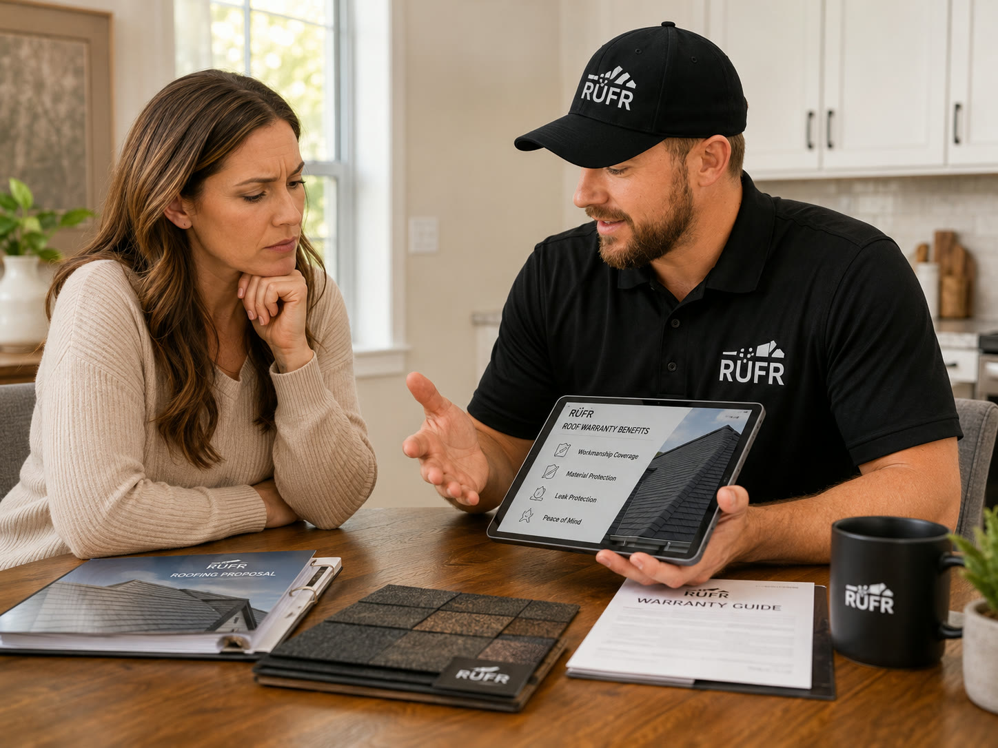 A RuFR USA roofing specialist walking a Western North Carolina homeowner through roof warranty coverage on a tablet, with a warranty guide and shingle samples on the table