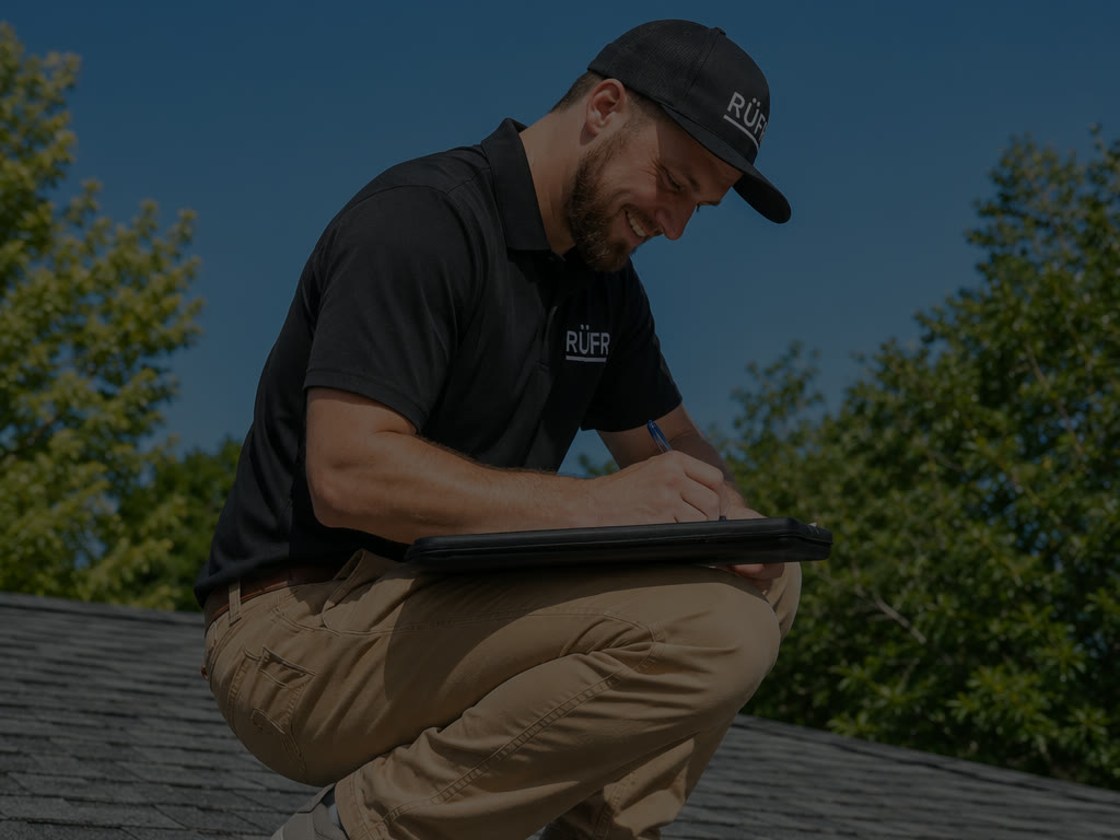 A RuFR USA inspector crouched on a shingle roof writing up an inspection report