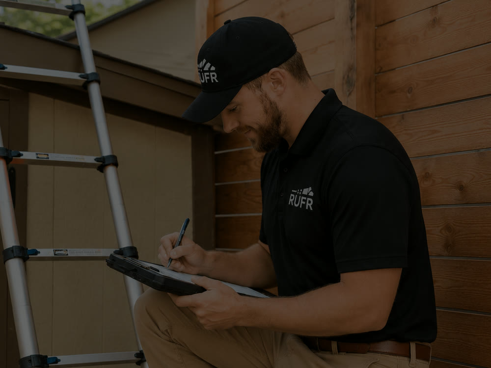 A RuFR USA inspector kneeling to write up a roof inspection report beside his ladder